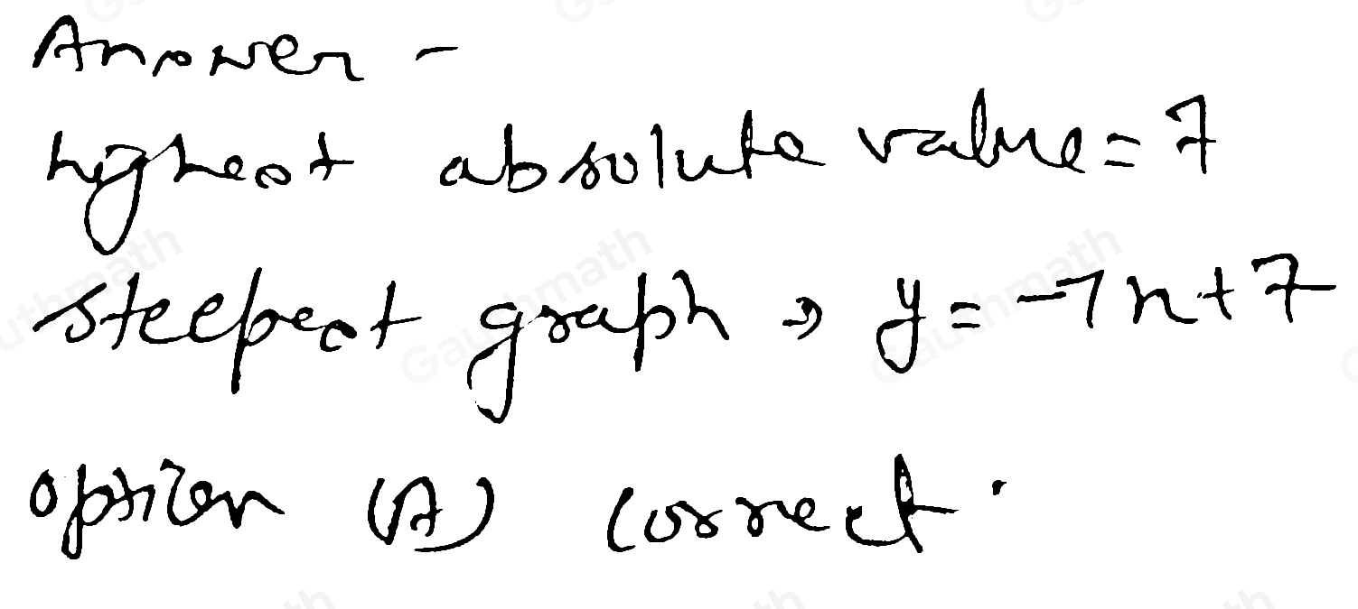 Which equation has the steepest graph? A. y=-7x+7 B. y=5x-2 C. y= 1/2 x+3 D. y=3x+1